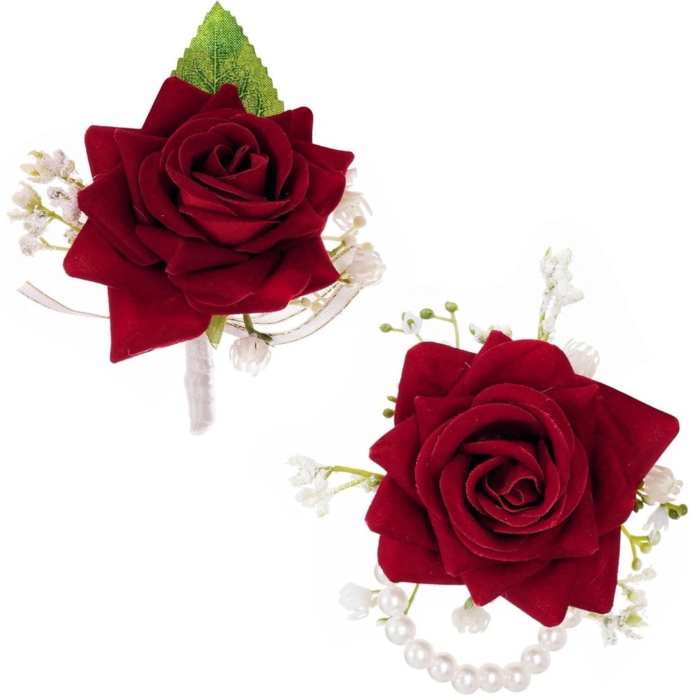 Wrist Corsage and Boutonniere Set Dark Red Rose Maroon Artificial Flower 2 Pcs
